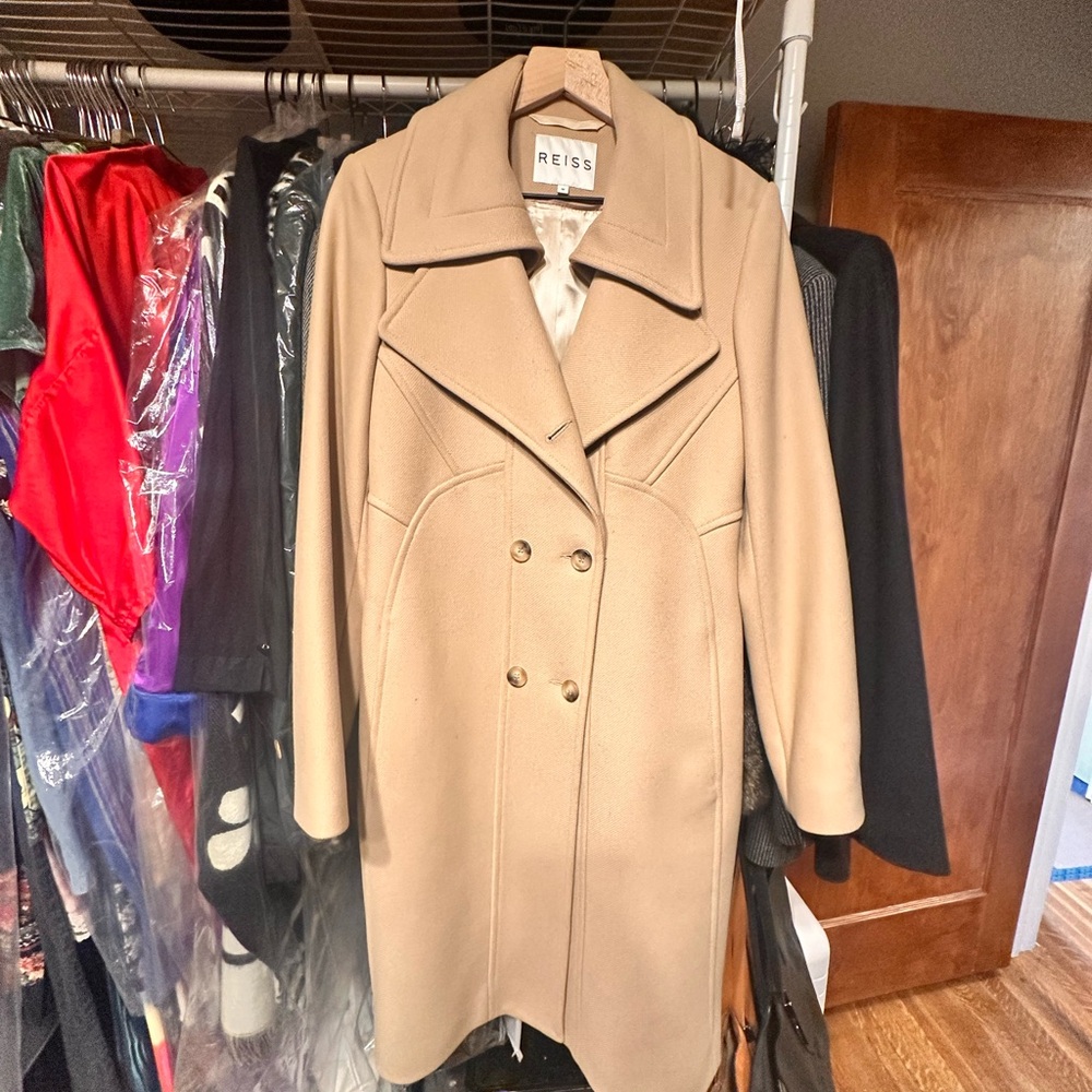 Reiss Camel Double-Breasted wool big collar Coat mid length Peacoat